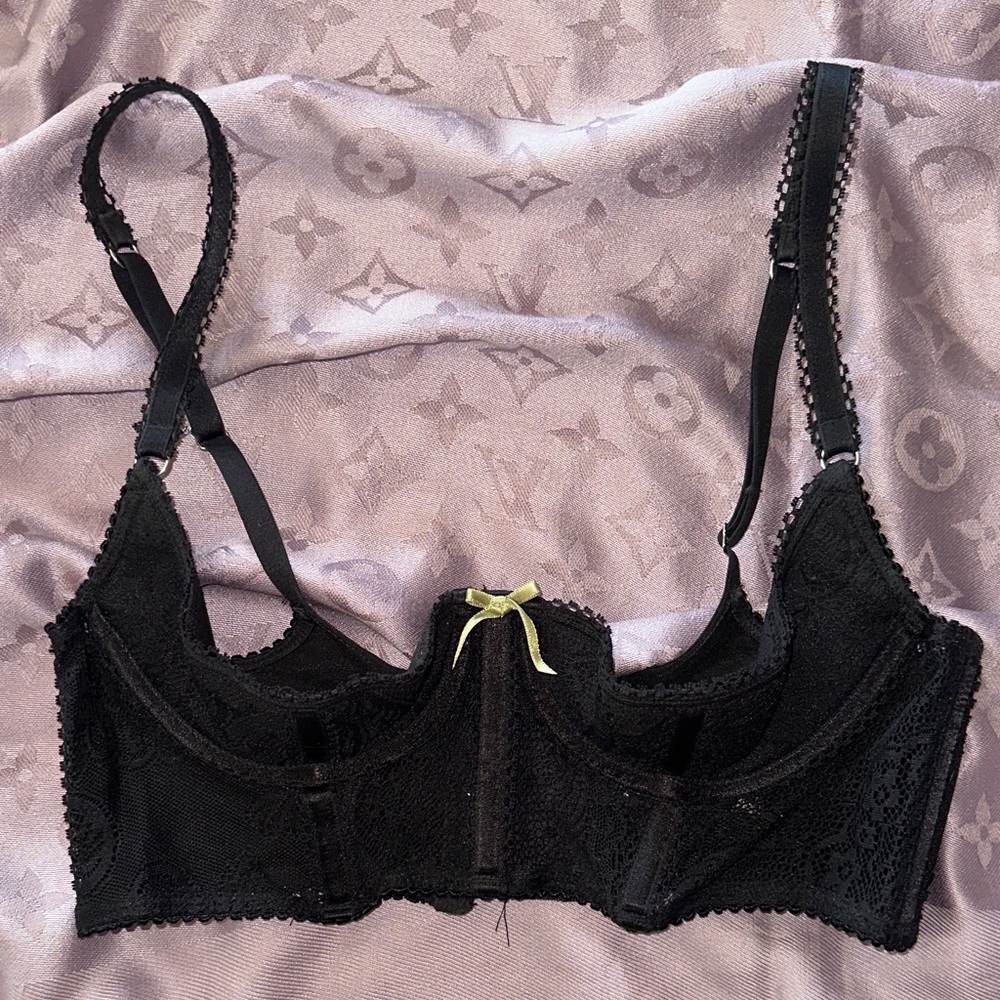 Black Lace Balconette Bra with Bow Accent